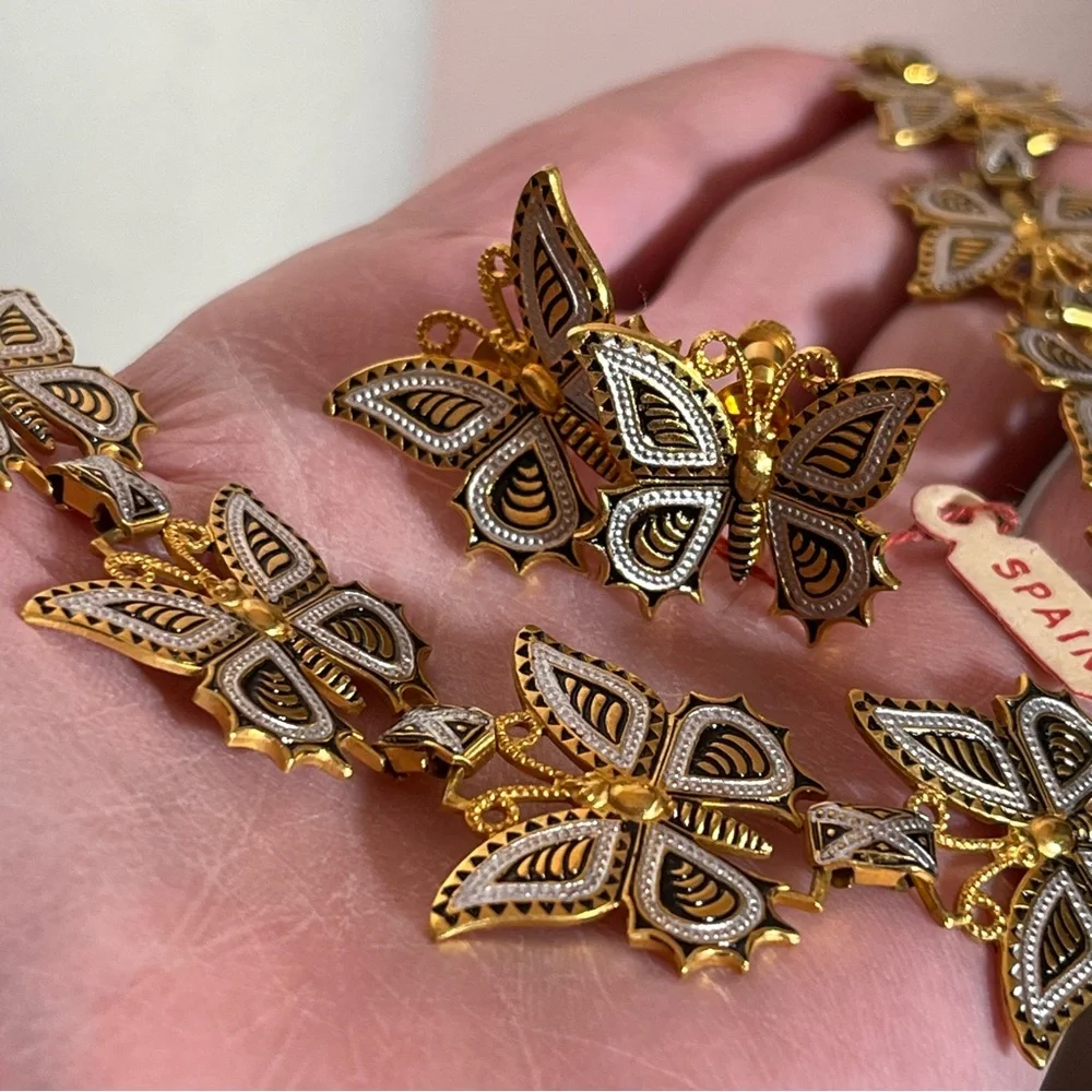 Art deco Gold Plated Spanish Damascene Butterfly vintage Necklace Earring set